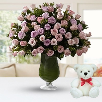 100 Pink Roses & Teddy