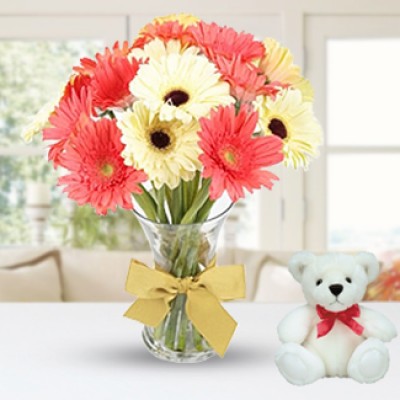 Pink & White Gerberas with Teddy