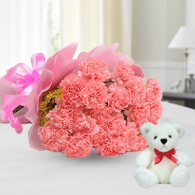 10 Pink Carnations & Teddy