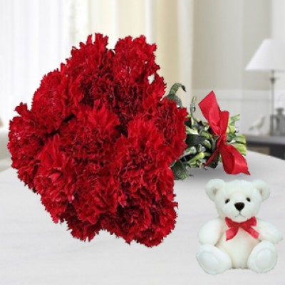 12 Red Carnations & Teddy