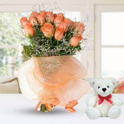 15 Orange Roses & Teddy