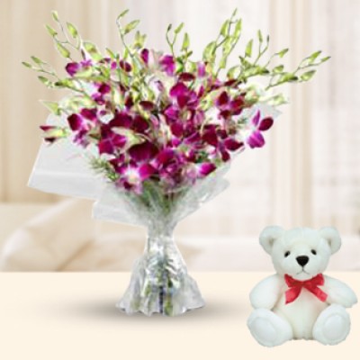 10 Purple Orchids & Teddy