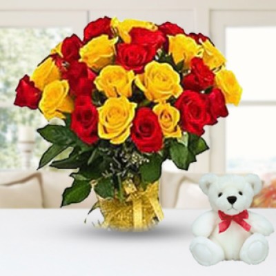 25 Red & Yellow Roses with Teddy