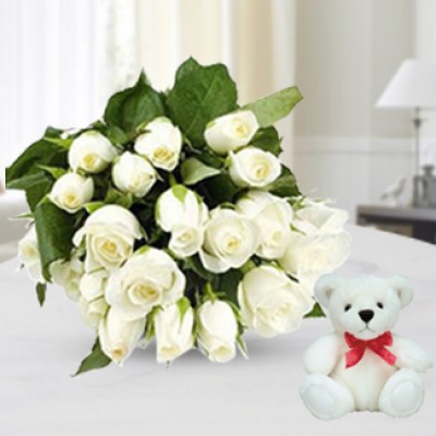 12 White Roses & Teddy
