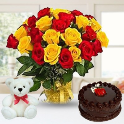 Red and Yellow Roses, Cake & Teddy